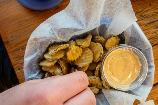 Solomons, Maryland, USA A basket of fried pickles.