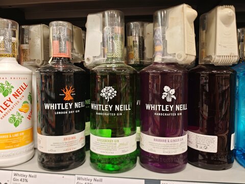 Czech Republic - September 3, 2026: Whitley Neill flavored gin bottles with security caps on a retail shelf