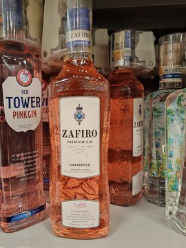 Czech Republic - September 3, 2026: Zafiro Premium Gin and Old Tower Pink Gin bottles on a store shelf