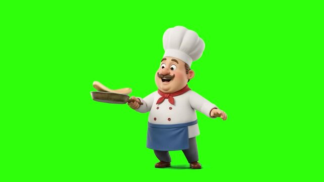 A happy 3D cartoon chef in a white toque hat and red neckerchief tossing and flipping a pancake in a frying pan, isolated on a solid green chroma key background. Perfect for restaurant commercials, co