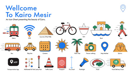 Naklejka premium Cairo Travel Icons: Egyptian Landmarks, Transportation, and Culture Flat Design
