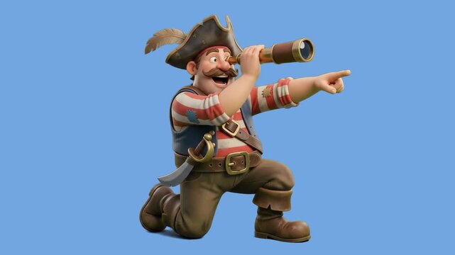 A jovial 3D cartoon pirate captain holding a nautical telescope to his eye and pointing towards the horizon, set against a solid blue studio backdrop. Perfect for adventure game trailers, maritime his