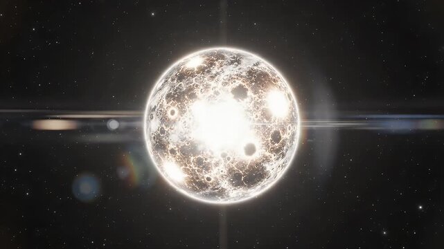 Glowing moon surface in deep space with bright light flare and starry background