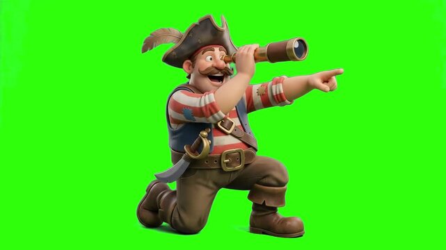 A cheerful 3D cartoon pirate captain wearing a feathered hat looking through a brass spyglass and pointing forward, isolated on a chroma key green screen background. Ideal for sea adventure videos, pi