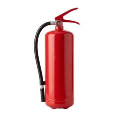 Fototapeta premium A bright red fire extinguisher with a black hose and handle, standing upright on a white background, ready for emergency use.