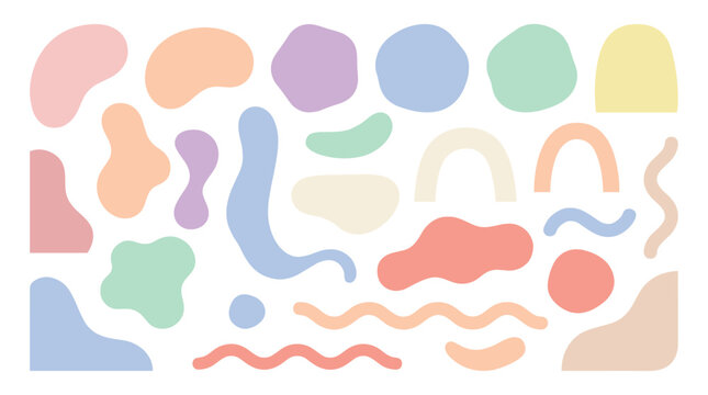 Abstract Shapes in Pastel Hues: A collection of organic, fluid, and geometric abstract shapes in soft pastel colors, forming a delightful visual composition that evokes simplicity and creativity.