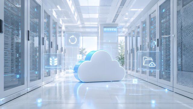 3D cloud computing symbol floating in modern bright data center server room with digital network icons for IT infrastructure and digital transformation.