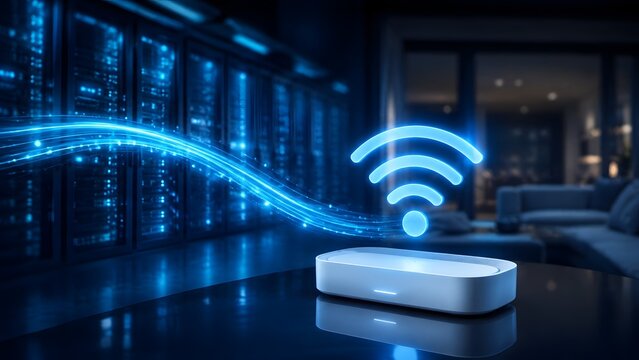 Glowing blue wireless wifi network symbol hovering over router with fiber optic light trails representing high speed internet connection and data transfer.