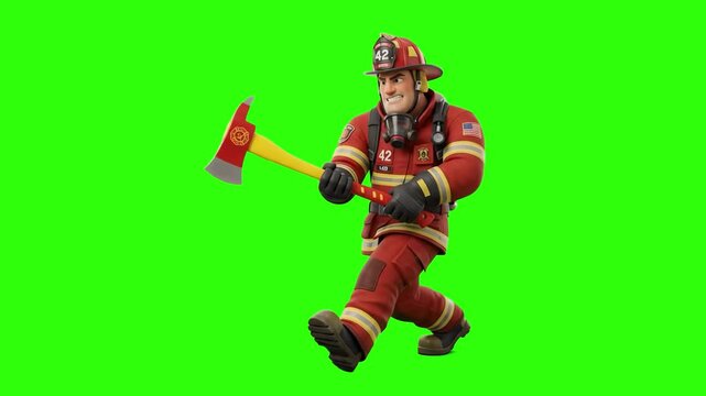A brave 3D cartoon firefighter wearing protective turnouts and a helmet running forward while holding a rescue axe, isolated on a chroma key green screen background. Great for emergency service safety