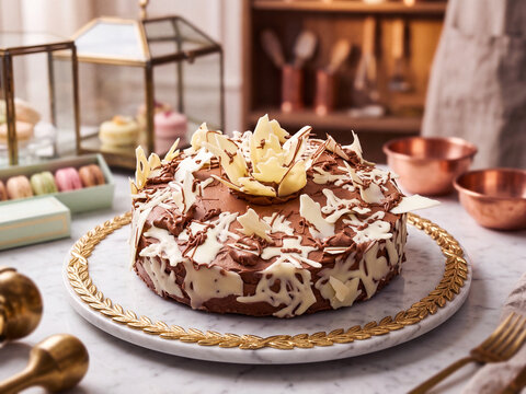 Elegant Chocolate Celebration Cake with White Chocolate Leaf Decorations in a Luxury Dessert Setting