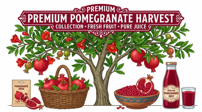 Very beautiful realistic vector illustration of a PREMIUM POMEGRANATE COLLECTION featuring pomegranate tree, glossy leaves, red blossoms, young green fruit, mature pomegranates, opened fruit, ruby ari