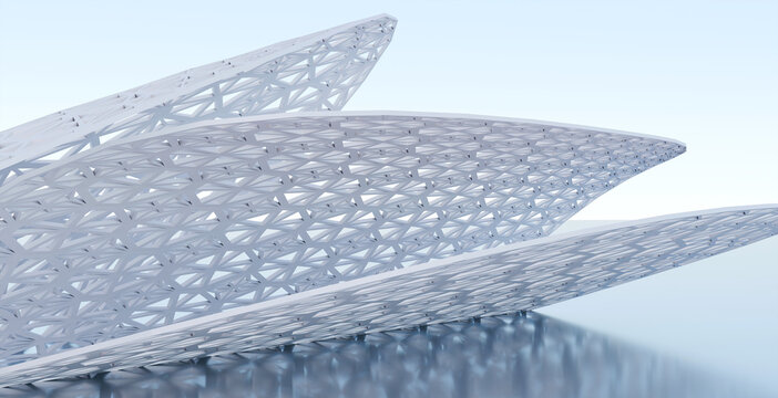 Abstract architectural structure with geometric lattice roof canopy design featuring layered triangular patterns in a soft minimalist white environment