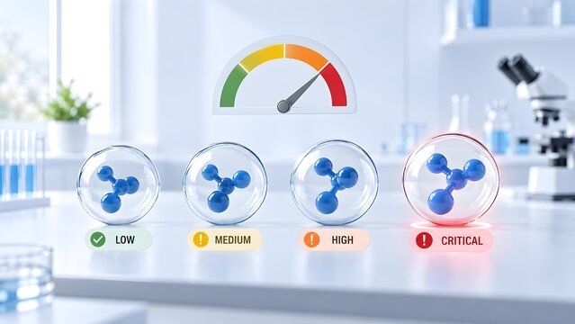 Laboratory hazard level gauge showing critical status for a molecular model inside a glass sphere representing chemical danger and safety alert.