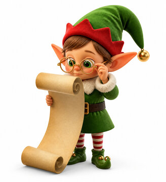 Cute original 3D chibi illustration of elf checking naughty nice list isolated, with polished festive details and soft lighting for Christmas design and seasonal advertising.
