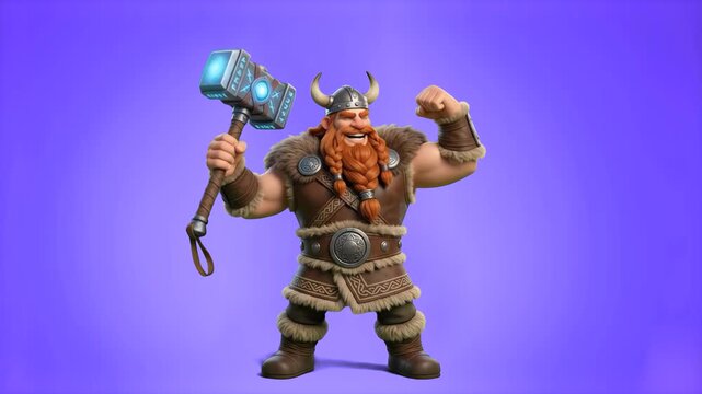A powerful 3D cartoon viking warrior wearing fur armor and a horned helmet raising a glowing battle hammer, set against a solid purple studio backdrop. Designed for gaming tournament trailers, mobile 