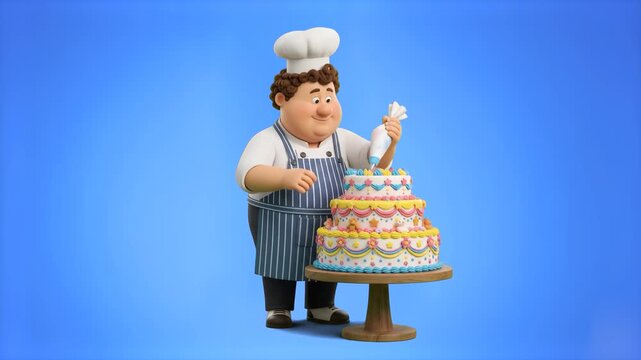 A cheerful 3D cartoon pastry chef in a toque hat and apron carefully decorating a tiered cake with cream piping bag, set against a solid blue studio backdrop. Ideal for bakery commercials, cake decora