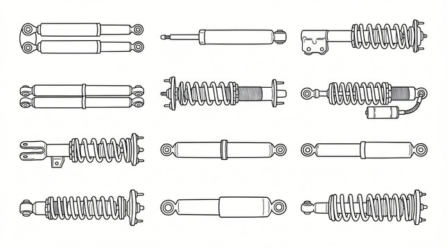 Car Shock Absorber Line Art Doodle Illustration Set Hand Drawn Suspension Strut Coilover Damper Gas Twin Tube Side View Profile Black Contour Strictly Textless White Background Vector Pack