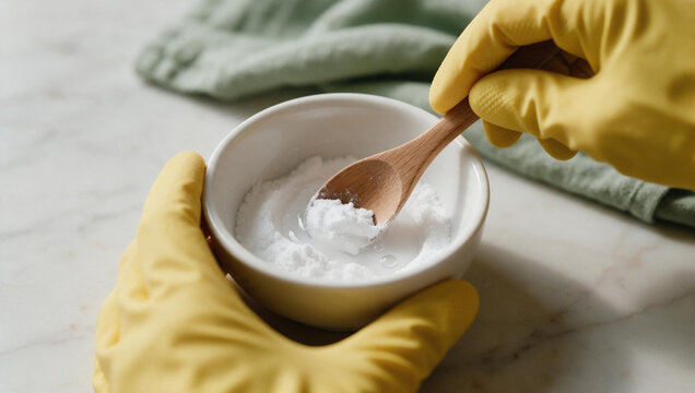 Hands in yellow rubber gloves mixing baking soda and liquid in a bowl with a wooden spoon. Preparation of natural homemade eco friendly cleaning paste on marble counter