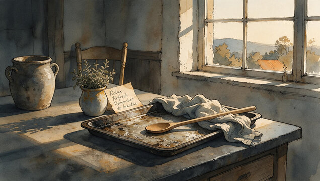 Watercolor illustration of a dirty baking tray on a rustic kitchen table. Handwritten note with relax and breathe reminder next to a window. Vintage domestic chore concept