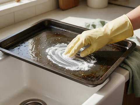 Person wearing a yellow rubber glove cleaning a greasy baking tray. Hand rubbing white baking soda powder into a dirty pan over a kitchen sink. Domestic household chore concept