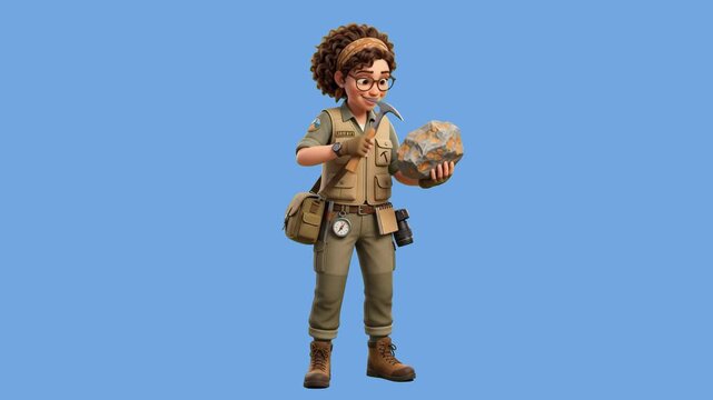 A 3D cartoon female researcher in field expedition gear carefully inspecting a stone sample with a rock pick hammer, isolated on a smooth light blue studio backdrop. Excellent for history museum ads, 