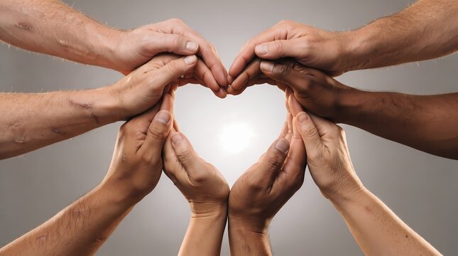 Diverse group of people join their hands together to create a heart shape symbol representing unity community collaboration togetherness social harmony global peace and support for human