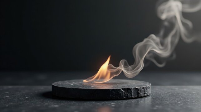 A small flame gently burns, releasing wisps of ethereal smoke on a dark stone surface.