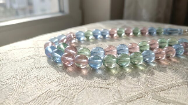 Colorful glass prayer beads on textured surface.