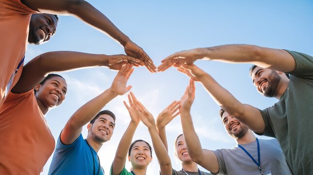 Diverse group of happy young volunteers holding hands together forming a heart shape as a symbol of unity love cooperation and community support under the bright sunny sky during their public