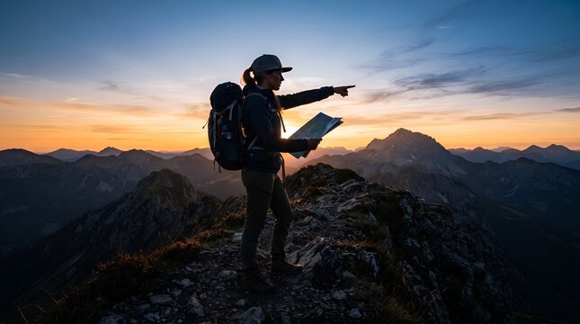 Wide view of female hiker with backpack standing on rocky mountain summit holding paper map and pointing forward at cinematic golden sunset for travel navigation, strategic vision, and exploration con