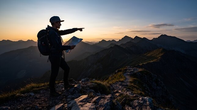Female hiker standing on rocky mountain ridge trail holding paper map and pointing forward at golden sunset for leadership, strategic direction, travel navigation, and exploration concept