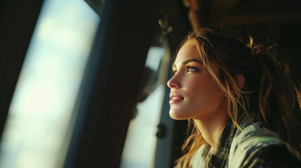 Fototapeta premium Profile portrait of a young woman looking out of a window. Smiling female passenger in warm natural light. Contemplation and travel concept