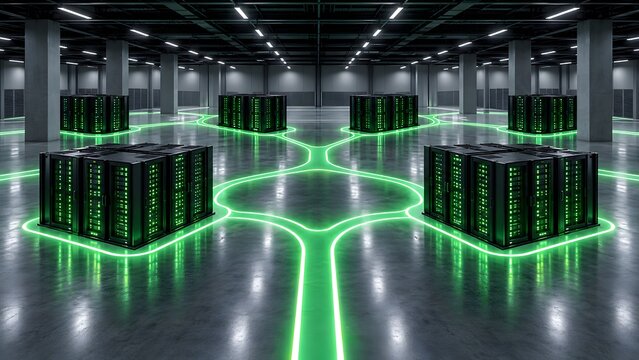 Large data center room with glowing green network paths connecting server racks representing advanced cloud computing infrastructure and data routing