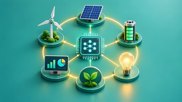 Artificial intelligence microchip connecting renewable energy icons representing smart grid and sustainable power ecosystem