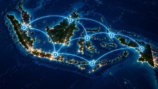 Glowing digital network connections across Indonesia map at night representing national smart grid and electricity power distribution infrastructure