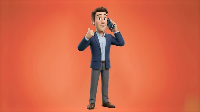 Detailed 3D CGI rendering of a businessman in a suit talking on a smartphone and showing a thumbs up gesture isolated on a solid orange background. Ideal for corporate commercials, business call promo