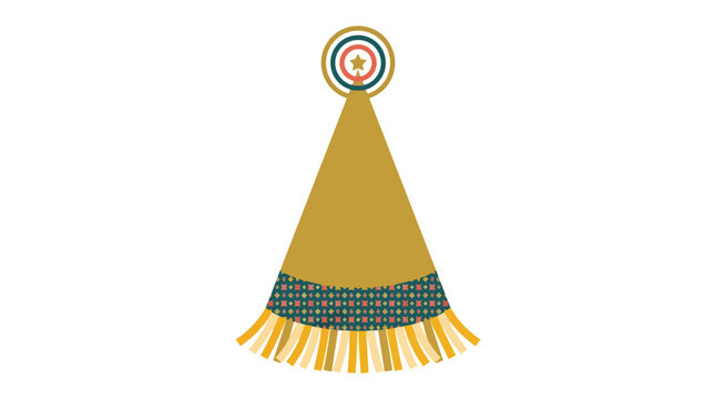 Golden festive party hat with star topper and fringed trim modern flat vector illustration for celebration and event planning branding