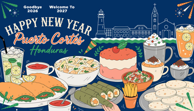 Happy New Year Puerto Cortes Honduras 2027 Celebration with Food and Drinks - Festive Illustration