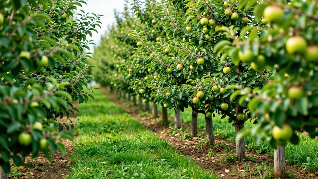 Lush apple orchard with rows of green apple trees bearing fruit, vibrant leaves, and well-maintained soil under bright natural sunlight