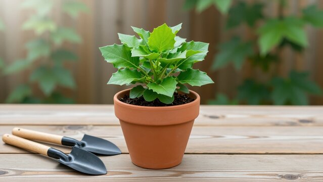 Young green plant in terracotta pot on wooden table with gardening tools, indoor gardening concept, natural light, healthy houseplant, potted greenery, eco-friendly home decor, pla