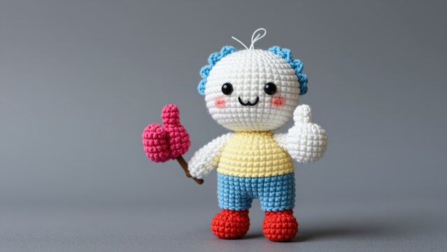 Cute crocheted plush toy character with cheerful expression, colorful outfit, and thumbs-up gesture, suitable for children's toys, retail, and gift packaging