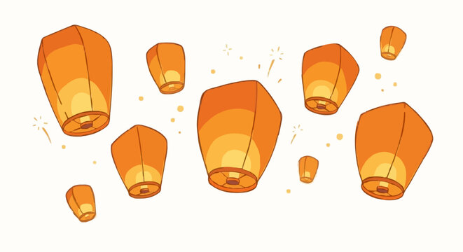 Glowing orange sky lanterns flying floating in the air vector illustration