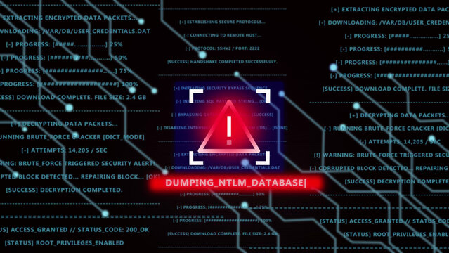 A digital cybersecurity interface displaying a glowing red warning triangle with an exclamation
