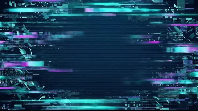 Dynamic digital glitch effects revealing futuristic cityscape with vibrant neon lights and pixelated distortions in a high-tech