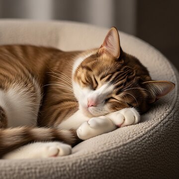 Ginger tabby cat sleeping peacefully on sofa cushion.