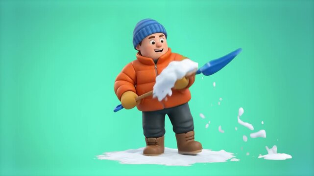 A cute 3D cartoon boy in a winter jacket and beanie shoveling snow with a big shovel, throwing snow flying around, isolated on a chroma key green screen background. Great for snow removal service ads,