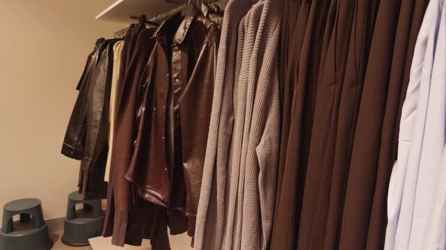 Retail clothing rack displaying various garments including brown faux leather jackets, knitted cardigans, and white shirts, creating a fashion and shopping experience in da nang