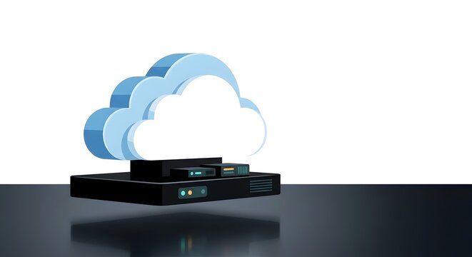 3D rendering of glowing blue cloud computing icon hovering over black server hardware device representing modern digital data storage and internet hosting