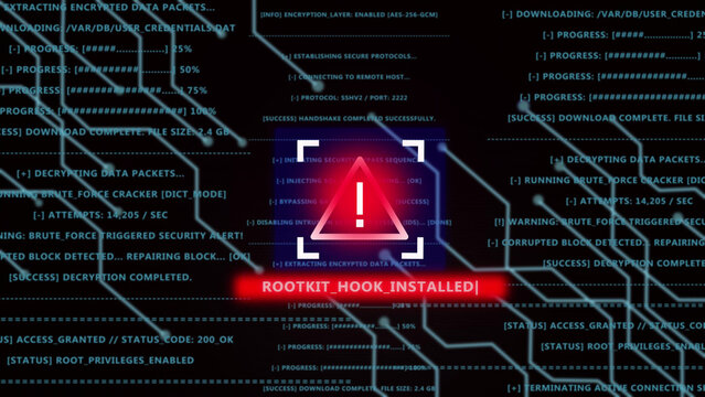 A digital cybersecurity warning screen featuring a glowing red triangle alert with an exclamation