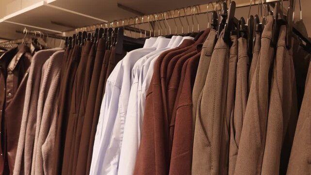 Clothing racks displaying a variety of apparel including shirts, sweaters, and pants in muted tones for a retail store or boutique, highlighting fashion trends and shopping experience